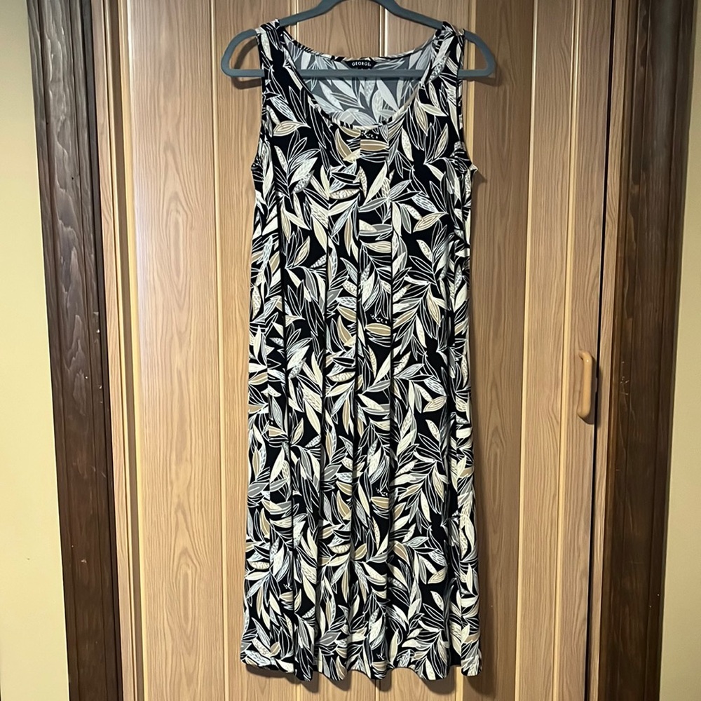 George ladies leaf print tank dress, size M (8-10). Black with earth-tone leaves
